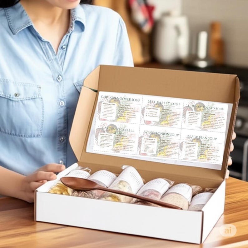 May include: A white cardboard box containing several small, labelled ingredient packets for various soups and a dark wooden spoon. The inside lid features printed recipe cards for Chicken Noodle, Beef Barley, Chunky Potato, Garden Vegetable, French Onion, and Black Bean soups.