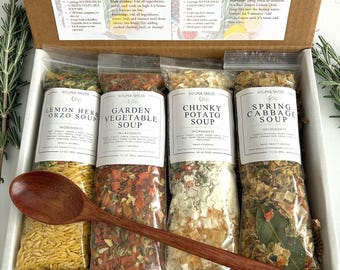 Cesta de regalo de sopa de primavera con 4 mezclas (4 o más porciones cada una). Ideal para familias ocupadas, personas mayores, para quienes piensan en ti, para que te mejores pronto y para quienes te desean un feliz cumpleaños.