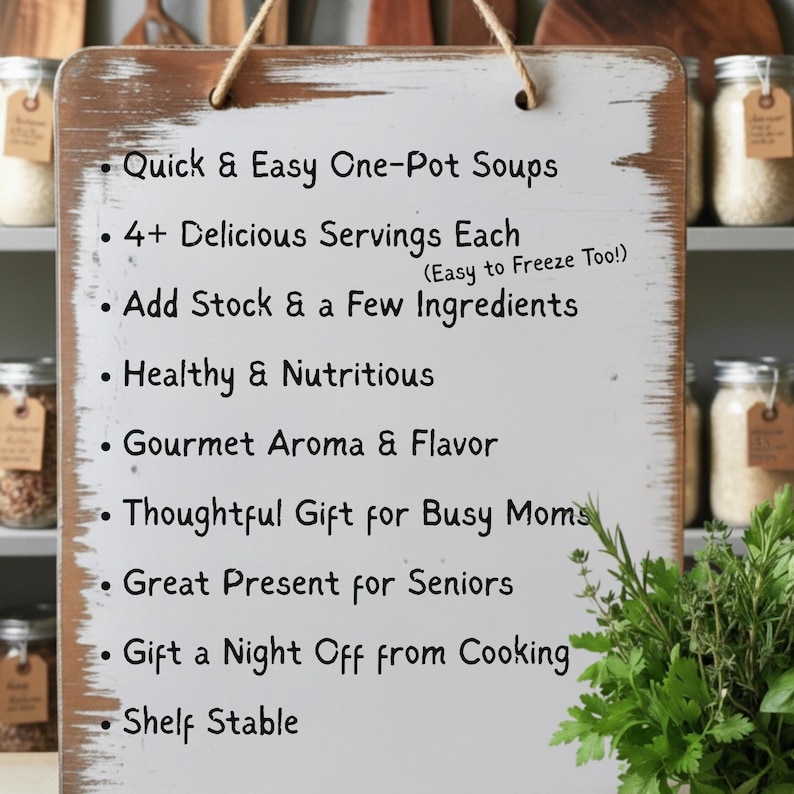 May include: A rustic wooden sign with a white background and black text. The sign lists the benefits of "Quick & Easy One-Pot Soups", including being healthy, nutritious, and a thoughtful gift. The sign is hanging by a twine string.