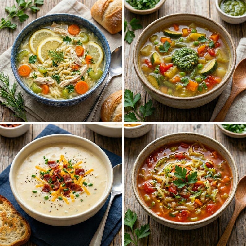 May include: A collage of four bowls of soup, each with different ingredients. One bowl has chicken noodle soup with lemon slices. Another has a vegetable soup with pesto. The third has potato soup with bacon and cheese. The last has tomato soup.
