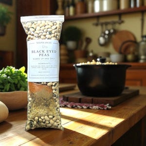 May include: A clear plastic bag of Souper Spices Black Eyed Peas, with the text "Kicked Up and Spicy." The bag contains black-eyed peas, spices, and seasonings. The bag is on a wooden table, with a black pot in the background.