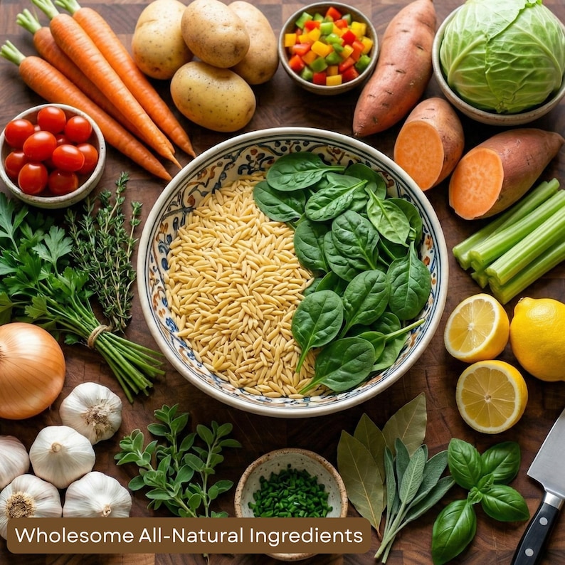 May include: A wooden surface displays a variety of fresh, whole ingredients. A bowl of orzo and spinach is surrounded by carrots, potatoes, tomatoes, onions, garlic, sweet potatoes, cabbage, celery, lemons, and herbs. Text reads: Wholesome All-Natural Ingredients.