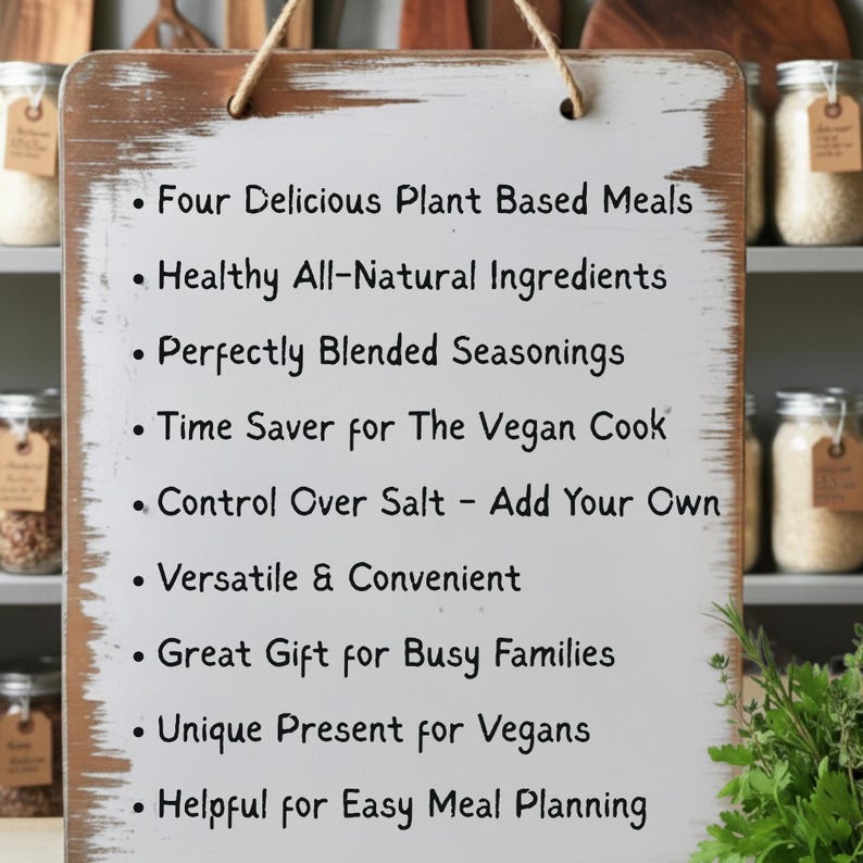 May include: A rustic wooden sign with a white background and black text. The sign lists the benefits of plant-based meals, including healthy ingredients, blended seasonings, and convenience for vegan cooks. It is a great gift for busy families.