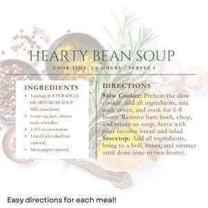 May include: Recipe card for Hearty Bean Soup, with ingredients and directions for slow cooker and stovetop methods. Includes text: "Easy directions for each meal!" and details for 4 servings.