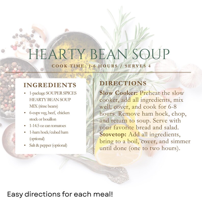 May include: Recipe card for Hearty Bean Soup, with ingredients and directions for slow cooker and stovetop methods. Includes text: "Easy directions for each meal!" and details for 4 servings.