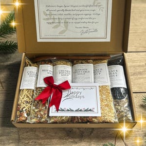 Christmas Gourmet Soup Mix Gift Box with Red Bow | 6 easy holiday dinner kits, festive Xmas care package, custom card food gift set