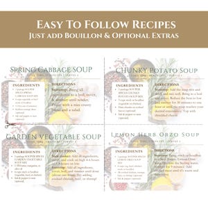 May include: A recipe card with four soup recipes: Spring Cabbage Soup, Chunky Potato Soup, Garden Vegetable Soup, and Lemon Herb Orzo Soup. Each recipe includes ingredients and directions. The recipes are easy to follow and require bouillon and optional extras.