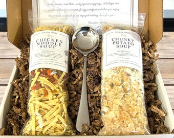 Build A Box Custom Gourmet Soup Gift Set of 2, Get Well Soon Sympathy Birthday Care Package, Heart Healthy Comfort Food Dinner Kit
