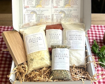 Homemade Italian Dinner Kit Gift Set, Easy Gourmet Gnocchi Pasta Sauce Focaccia & Dressing Mix, Complete Family Meal for Four, Culinary Gift