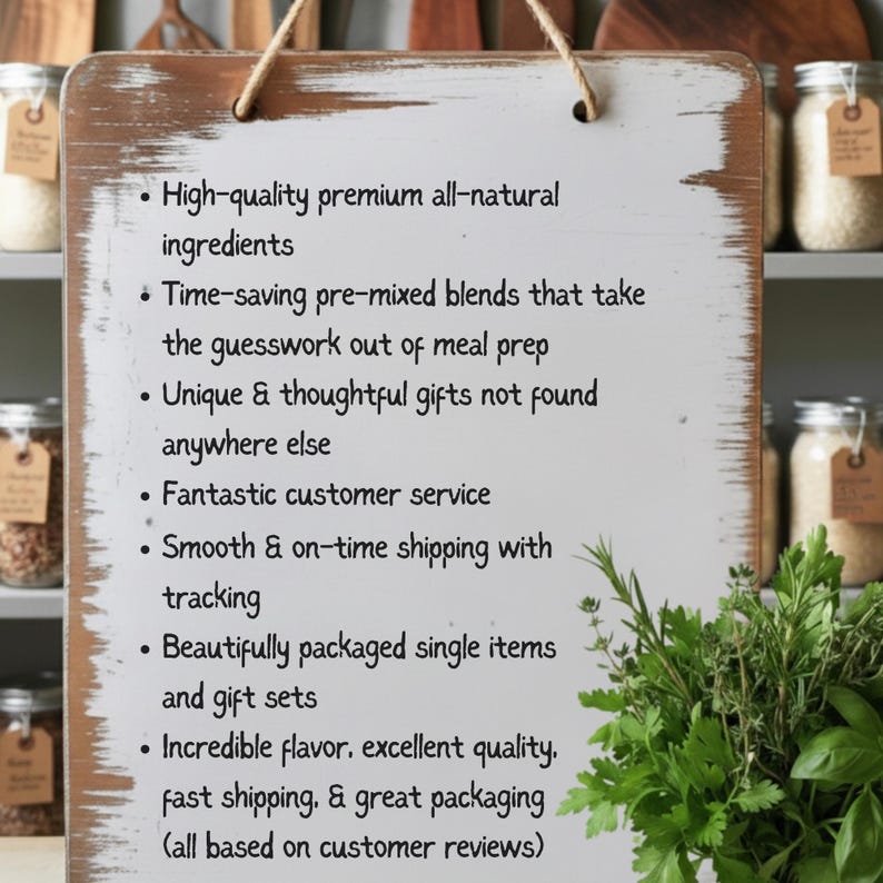 May include: A rectangular wooden sign with a distressed white painted finish and a jute rope hanger. The sign features black printed text listing business attributes including high-quality ingredients, pre-mixed blends, and customer service.