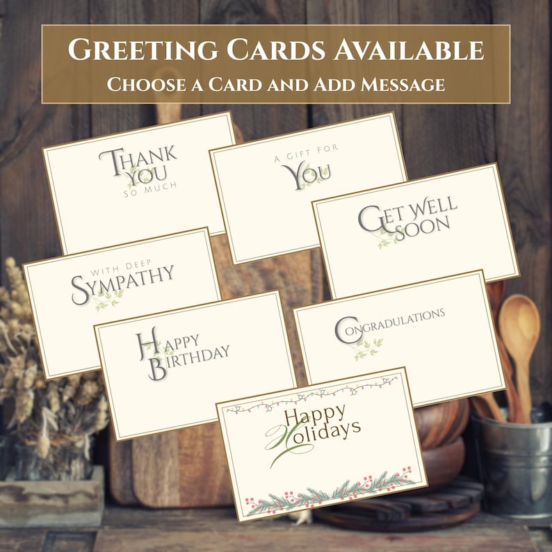 May include: A collection of seven rectangular greeting cards with cream backgrounds and gold borders. The cards feature various printed messages including Thank You So Much, A Gift For You, Get Well Soon, With Deep Sympathy, Happy Birthday, Congratulations, and Happy Holidays.