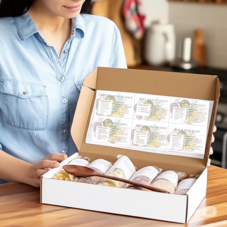 May include: A white cardboard box containing several small, clear pouches filled with dry ingredients, accompanied by a dark wooden spoon. The inside lid features printed recipe cards for Chicken Noodle, Beef Barley, Potato, Vegetable, Onion, and Bean soups.