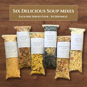 May include: Six clear plastic pouches containing dry soup mixes labeled French Onion, Garden Vegetable, Chicken Noodle, Black Bean, Beef Barley, and Chunky Potato. Each label lists ingredients and the text Six Delicious Soup Mixes.