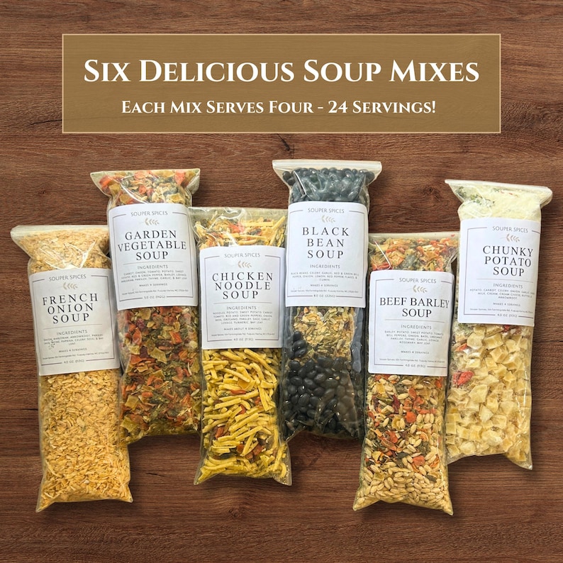May include: Six clear plastic pouches containing dry soup mixes labeled French Onion, Garden Vegetable, Chicken Noodle, Black Bean, Beef Barley, and Chunky Potato. Each label lists ingredients and the text Six Delicious Soup Mixes.