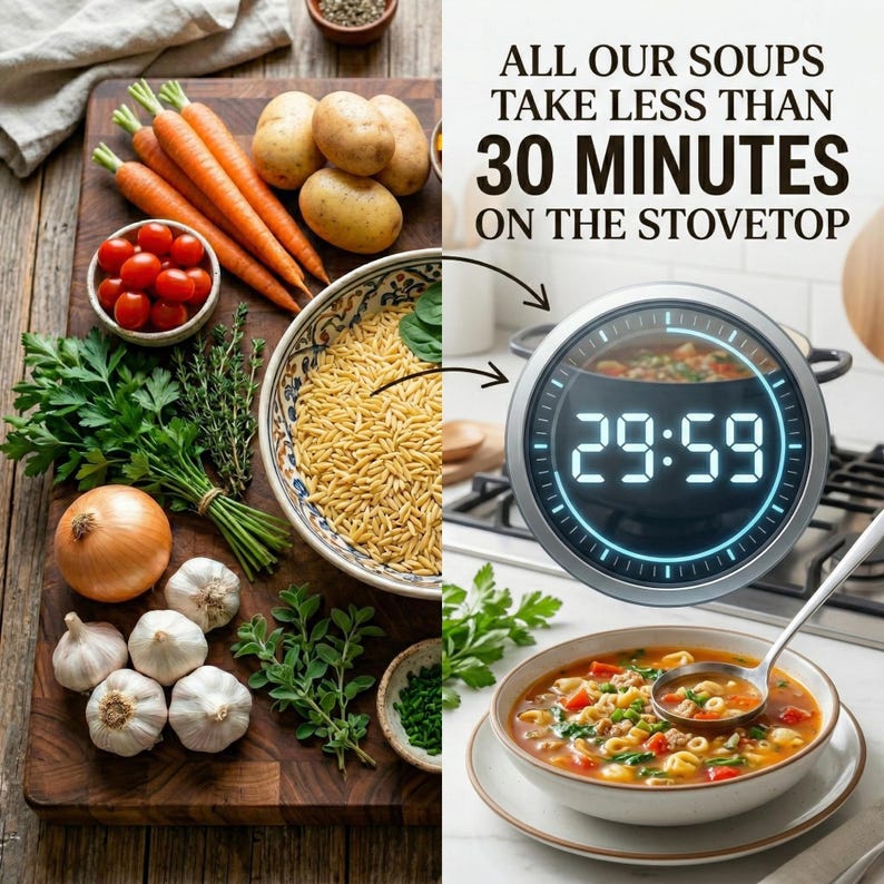 May include: A split image showcasing ingredients and a finished soup. The left side displays fresh carrots, tomatoes, potatoes, herbs, onions, and garlic on a wooden cutting board. The right side shows a soup cooking on a stovetop with a timer reading 29:59. Text reads: "ALL OUR SOUPS TAKE LESS THAN 30 MINUTES ON THE STOVETOP."