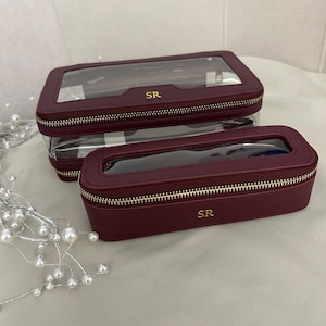 Bolsa de cosméticos personalizada com monograma de carimbo quente de couro | Caixa de vaidade | Ouro minimalista personalizado | Ideias para presentes | Borgonha | Preto | Rosa