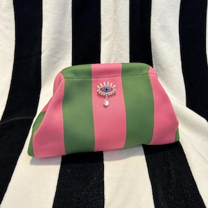 Bolso de mano a rayas con detalles brillantes / Bolso de mano a rayas / Bolso de rayas con diamantes Accesorios festivos Ojo de malvado verde y rosa
