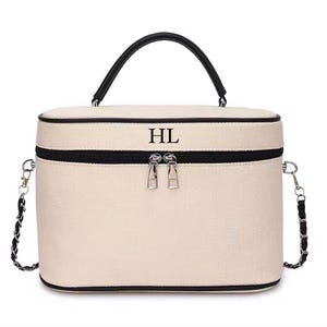 Borsa da trucco personalizzata / Crema Beige Nero Monocromatico / Piccola borsa a tracolla / Borsa per il trucco personalizzata / Borsa con iniziali monogramma
