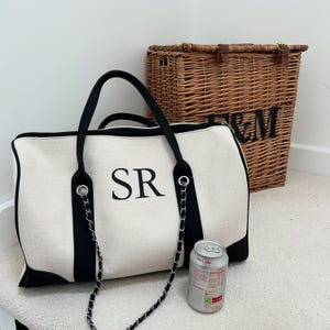 Personalised Weekender Bag | Cream Beige Black Monochrome | Holdall Bag | Holiday Bag | Monogram Initials Bag | Chain Detail Bag
