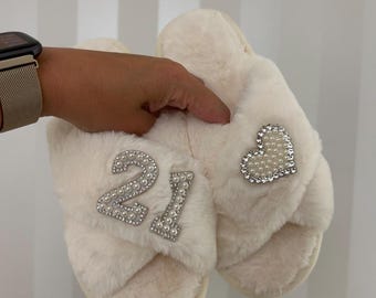 Cream birthday slippers | 30th birthday gift | 21st birthday gift | 40th birthday gift | 60th birthday gift | birthday present | fifty