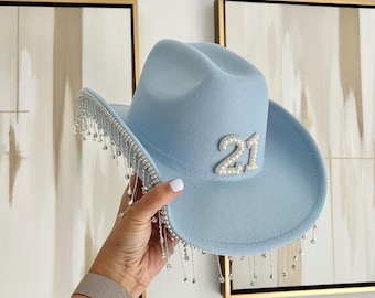 Geburtstags-Cowgirl-Hut | Sparkle Fringe Cowboyhut | 30 Jahre Geburtstagshut | Personalisierte Geburtstagsmütze | 21.Geburtstag Geschenk