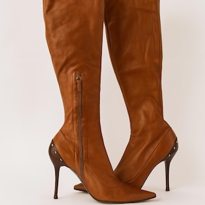 Vintage Gucci Brown Leather Over-the-Knee Boots  Size 41C Made in Italy Y2K Designer Heels