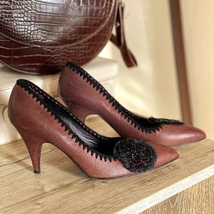 Vintage Prada Leather Pumps: Beaded Flower Detail, Made in Italy, Size 37.5