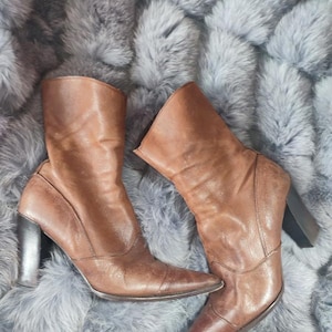 Vintage Prada Leather Ankle Boots: Brown Pointed Toe Heels, Size 38