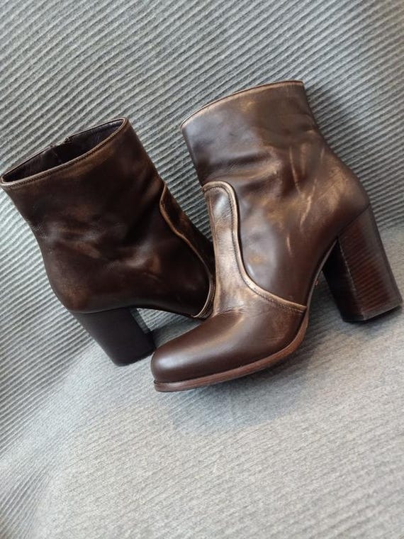 Prada Brown Leather Ankle Boots High Heel Size 37 Authentic Designer Footwear
