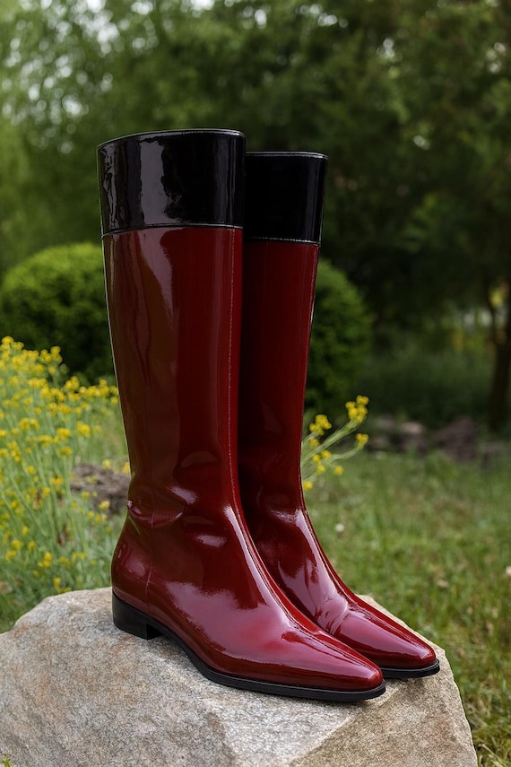 Burberry Vintage Burberry Knee Boots Vintage Burberry Patent Leather Knee  High Boots: Burgundy Black