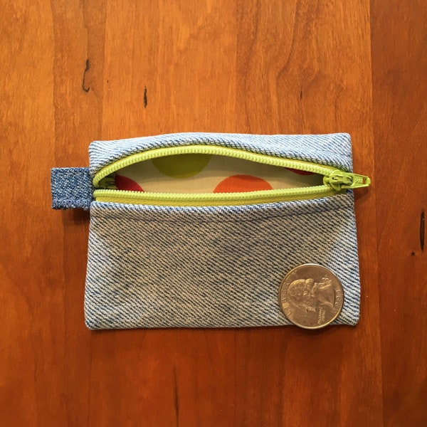 Recycled Denim Zip Pouch with Green Zip - 4 inch