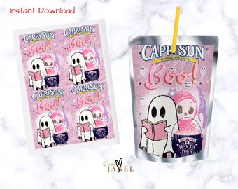 May include: A Capri Sun juice pouch and a sheet of four matching labels. The design features a ghost reading a book with a skull character. The text says "Capri Sun Boo!" and "Hocus Pocus". The background is pink.