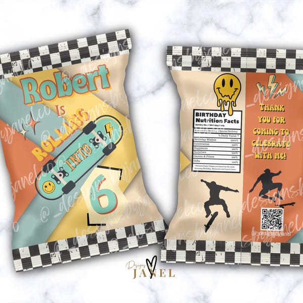 Skateboard Birthday Chip Bag Template: Personalized Party Favors (Digital Download)
