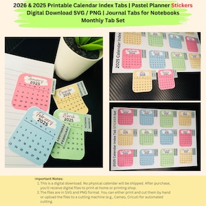 2026 and 2025 Printable Calendar Index Tabs | Pastel Planner Stickers | Digital Download SVG PNG | Journal Tabs for Notebooks | Monthly Tab