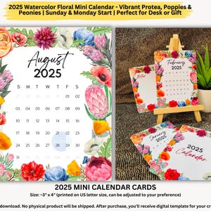 2025 Cartões de Mini Calendário Floral Aquarela - Flores Vibrantes | Início de Domingo e Segunda-feira | Download Digital para Impressão SVG PNG PDF