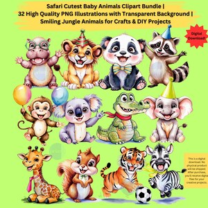 Cute Baby Animals Clipart Bundle | 30 High Quality PNG Watercolor Illustrations | Smiling Jungle Animals for DIY Projects Party Invitation