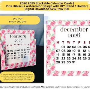 2026 2025 Stackable Calendar Cards - Pink Hibiscus Floral Watercolor Design wi/ DIY Holder, Digital Download PNG SVG | Monday & Sunday start