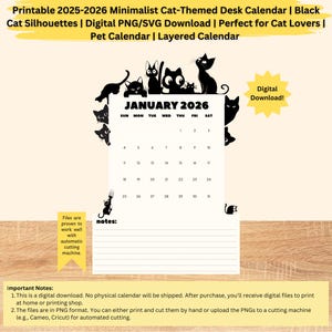Calendário minimalista para gatos 2025-2026 para impressão | Design de silhueta de gato preto | Download digital SVG PNG | Perfeito para amantes de gatos e entusiastas de animais de estimação
