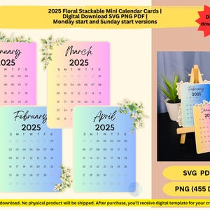 Printable 2025 Floral Desk Calendar | Digital Download SVG PNG PDF | Handmade Stackable Layered Calendar for Easel Display