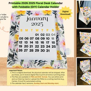 2026 2025 Printable Floral Desk Calendar | DIY Foldable Calendar Holder | Instant Download SVG PNG Files | Handmade Digital Calendar