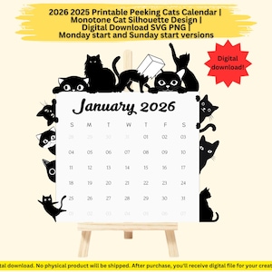 2026 2025 Druckbarer Hunde Kalender | Monotone Katze Silhouette Design | Stapelbarer Terminplaner | Montag Sonntag Start | PNG SVG zum herunterladen