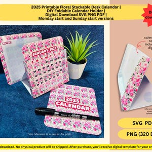 2025 Printable Floral Stackable Desk Calendar - Pink Floral Watercolor Design with DIY Holder | Digital Download PNG SVG