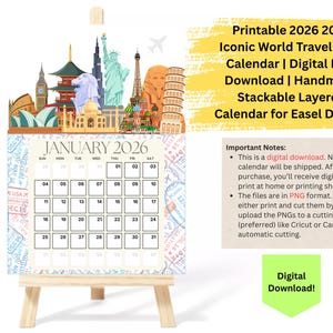 Calendario de escritorio imprimible con destinos icónicos del mundo 2026-2025 / Descarga digital PNG / Calendario apilable en capas hecho a mano para exhibir en caballete