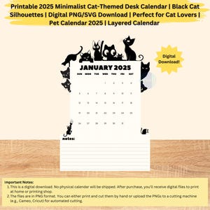 Printable 2025 Minimalist Cat Calendar | Black Cat Silhouette Design | Digital Download SVG PNG | Perfect for Cat Lovers and Pet Enthusiasts
