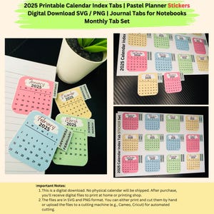 2025 Druckbare Kalender Karteikarten | Pastell Sticker | Digitaler Download SVG PNG | Journal Tabs für Notizbücher | Monats-Tab