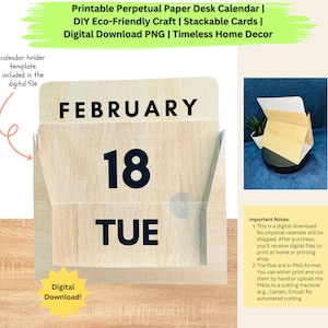 Op de afbeelding: Een digitale download voor een printbare, eeuwige papieren bureaukalender. De kalender heeft een houten ontwerp met de maand "februari" en de datum "18". De dag van de week is "dinsdag".