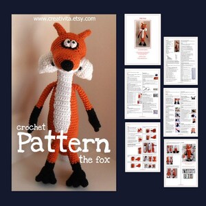 May include: Crochet pattern for a fox amigurumi toy. The pattern includes instructions for making the fox's body, head, legs, tail, and ears. The fox is orange and white with black eyes and nose.