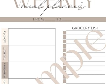 Wöchentlicher Menüplaner mit Lebensmittelgeschäft Liste, druckbare Vorlage, 7 Tage Menüplan, undatierter Menüplaner,