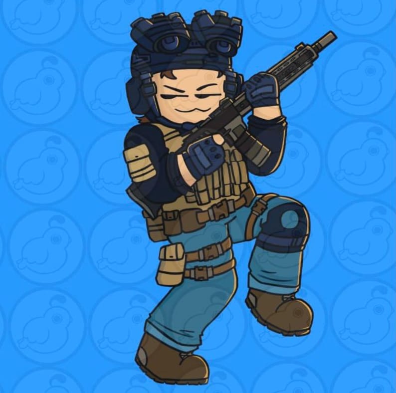 May include: Cartoon illustration of a soldier in tactical gear, including a helmet with goggles, a vest, and gloves. The soldier is holding a rifle and is posed in a dynamic stance. The color palette includes shades of blue, brown, and tan against a blue background.