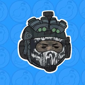 May include: A cartoon illustration of a person wearing a black and green tactical helmet with a white and black camouflage face mask. The helmet has a black visor and a green night vision scope.